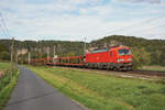 DB Cargo 193 842 legte sich am 09.10.2024 mit einem Autozug in den berühmten Rathener Fotobogen.