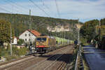 HSL  Goldi  185 597 mit einem Getreidezug aus Tschechien am 09.10.2024 bei Stadt Wehlen.