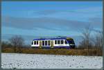 Der auf den Namen  Thale  getaufte VT 873 hat am 09.01.2016 Hadmersleben verlassen und strebt als HEX 80185 dem nächsten Halt in Blumenberg entgegen.