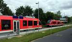 Zwei Lint 27 von DB Regio stehen am 18.07.2019 in der reaktivierten Ilmebahn-Bahnstation Einbeck Mitte.