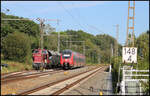 Während der Sonderzug der Osnabrücker Dampflokfreunde mit V 65001 im Bahnhof Velpe warten muss, überholt ihn hier am 7.9.2024 um 16.10 Uhr der Hamster 442282 nach Rheine.