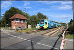 Westfalenbahn ET 606 passiert hier am 7.9.2024 um 15.37 Uhr auf der Fahrt als RE 60 nach Rheine das alte Stellwerk in Velpe.