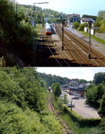 Einst und jetzt im Bergischen Land: Der Bahnhof Marienheide liegt an der Volmetalbahn von Hagen nach Dieringhausen und weiter nach Köln. Bis 1986 zweigte hier die Linie nach Remscheid-Lennep über Wipperfürth ab. Als die auf dem oberen Bild sichtbare Citybahn im Frühjahr 1987 den Bahnhof in Richtung Meinerzhagen verlässt, war diese Verbindung aber schon stillgelegt. Bis zur Einstellung 1958 war Marienheide außerdem Ausgangspunkt der meterspurigen Leppetabahn nach Engelskirchen. Im Sommer 2008 war der Bahnhof weitgehend zurückgebaut, auf dem früheren Bahngelände befinden sich Parkplätze und Supermärkte. Auf dem einzigen noch vorhandenen Gleis ist im Hintergrund ein 644 nach Köln erkennbar.