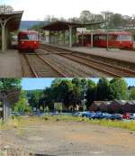 Der Bahnhof Olpe am 03.09.1978 und am 06.07.2015. Damals war Olpe noch ein Nebenbahnknotenpunkt: Von hier ging es nach Finnentrop, Dieringhausen und über Freudenberg zur Siegstrecke. Heute fahren zwar noch Züge nach Finnentrop, allerdings wurde die Abfahrtsstelle vor zwei Jahren um etwa 100 m nach Norden verlegt, damit entfiel auch die kurze fussläufige Verbindung zum Zentralen Omnibusbahnhof.