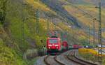 Am 16.11.2024 befördert 185 186-2 einen gemischten Güterzug entlang der Rebhänge des Bopparder Hamm in Richtung Süden