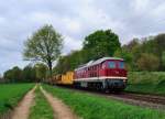 Bahnbauzug gezogen von Ludmilla 232 550-4, Umleiter nach Aachen am 15.4.2014 bei Km 20,6 auf der KBS 485