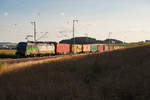 193 285 mit dem Containerzug aus Wiesau bei Feilitzsch Richtung Plauen, 19.07.2018