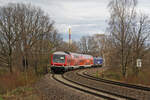 Hier zusehen ist der WFL-Ersatzzug geschoben von 223 015 als RE 6 am 29.3.24 kurz vor Wittgensdorf Richtung Leipzig.