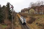 159 220 (EBS) fuhr am 17.03.21 mit einem Hozzug durch Pößneck oberer Bahnhof nach Saalfeld.