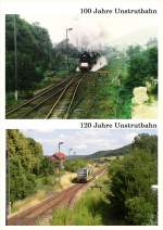 120 Jahre Unstrutbahn - Heute feiert die KBS 585 (Naumburg (S) Hbf - Artern) ihren 120.Geburtstag. Das obere Bild zeigt einen Sonderzug zum 100.Geburtstag am 01.10.1989. Das untere Bild zeigt den Zugverkehr der heutigen Zeit (VT 672 der Burgenlandbahn). Beide Bilder wurden vom Stellwerk Lw in Laucha (Unstrut) aufgenommen.