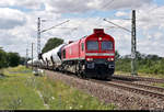 Staubgutzug mit 077 023-5 (92 87 0077 023-5 F-MEG | EMD JT42CWR) DB, vermietet an die Mitteldeutsche Eisenbahn GmbH (MEG), und Schublok 275 215-2 (Lok 215 | MaK G 1206) der MEG fährt beim