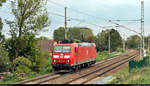 185 143-5 als Tfzf unterwegs an der ehemaligen Anrufschranke in Zscherben, Angersdorfer Straße, Richtung Teutschenthal.