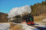 Die 99 1715 der Preßnitztalbahn war am 28.12.2024 geschmückt mit einem Tannenbaum, hier sieht man sie bei der Einfahrt in den Bahnhof Schmalzgube aus Richtung Steinbach.