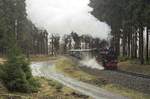 Am einen feuchten Tag im Februar 2016, verlässt 99 1772-5 den Bahnhof Vierenstrasse und fängt sich an durch der Wald zu reisen gen bergauf nach Oberwiesenthal 