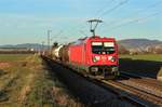 Am späten Nachmittag des 25.02.2019 ist 187 081 mit einem gemischten Güterzug bei Heddesheim in Richtung Süden unterwegs.