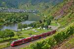 Ein unbekannter 442 hat am 25.07.2024 soeben den Petersberg-Tunnel verlassen und wird gleich im Bahnhof Neef eintreffen. Im Hintergrund am anderen Moselufer die Ortschaft Bremm.