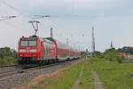 Nachschuss auf die Freiburger 146 113-6  Ortenaukreis , als diese am Mittag des 25.05.2019 ihre RB (Neuenburg (Baden) - Freiburg (Brsg) Hbf) aus dem Bahnhof von Heitersheim in RIchutng Bad Krozingen