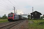 Durchfahrt am Mittag des 25.05.2019 von Re 482 018-9  Alpäzähmer  mit einem langen Containerzug nach Italien durch den Haltepunkt von Auggen über die KBS 703 in Richtung Basel.