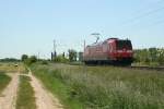 146 111-0 hatte lange Zeit Probleme mit dem Stromrichter 2 und stand deswegen in der Freiburger Werkstatt.
Am 05.06.13 konnte ich die Lok bei der Probefahrt aufnehmen. Hier ist sie gerade wieder auf dem  Heimweg  von Mllheim Richtung Freiburg (Breisgau). (Bild bei Hgelheim)