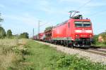 185 127-8 mit einem gemischten Gterzug gen Sden am Nachmittag des 04.08.13 kurz nach der Durchfahrt des Hp's Buggingen.