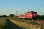 111 061 mit dem RE 26527 von Offenburg nach Schliengen im Abendlicht des 05.06.14 sdlich von Buggingen.