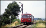 DB Museumtriebwagen 795240 ist hier bei Steinsfurt am 27.6.1993 um 15.20 Uhr auf dem Weg nach Eppesheim.