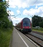 Einfahrt der Regionalbahn in Aha, Bahnstation an der Drei-Seen-Bahn, Juni 2014