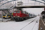 NeSA 218 155-0 steht mit dem SVG-Adventssonderzug von Stuttgart Hbf nach Radolfzell aufgrund einer Streckensperrung infolge des starken Schneefalls im Bahnhof Ehingen(Donau).