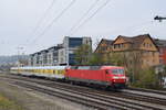 120 145 mit einem Messzug im April 2021 auf der Steinlachbrücke in Tübingen Hbf