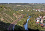 Nachschuss auf zwei dreiteilige 8442 (Bombardier Talent 2) an der Aussichtskanzel am Niedernberg in Besigheim.