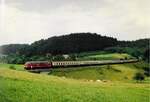 15. Juli 1992 Schnellzug D 2668 Görlitz nach Stuttgart Bespannung ,ab Hbf. Hof mit Baureihe 218 des Bw Regensburg  218 235-0 zwischen Gaildorf/West und Mittelrot. Murrrbahn wurde 1996 elektrifiziert für 50 Millonen DM