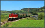 Die V80 BB (265 401) der Bahnbetriebe Blumberg hat am 02.10.2023 mit dem Zug 32 den (durchgeschaltenen) Bahnhof Epfenhofen verlassen und passiert dessen Einfahrsignal.