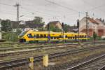 Pesa Link VT 600 001 der Oberpfalzbahn auf Test- und Messfahrt auf der KBS 920 bei der Durchfahrt durch den Bahnhof Ansbach am 29.05.2014.