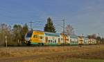 Der Dostotriebwagen 445.102 der ODEG ist am 08.01.2014 zwischen Eglharting und Zorneding als Meridian (Leihfahrzeug) nach München unterwegs.