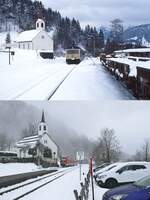 Der Bahnhof Oberstaufen am 12.02.1983 und am 25.02.2023: Oben fährt ein Vorserien-628.0 aus Immenstadt auf Gleis 1 ein, darunter nähert sich ein 612 aus derselben Richtung auf Gleis 2.