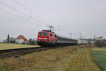 Bayernbahn 111 036-0 fährt mit einem WEE-Ersatzzug als RB89 von Aalen nach Donauwörth und verlässt hier gerade Möttingen.