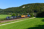 Am 06. August 2024 bespannten die 193 267 und die 193 614 den KLV-Zug DGS 43104 zwischen Kufstein und Leipzig Wahren. Kurz vor Dollnstein konnte ich das aus Fotografen-Sicht richtig herum gereihte Tandem samt Zug in kompletter Länge aufnehmen. Der dezent in stahlgrau gehaltene führende Vectron soll darauf hinweisen, dass TXLogistik seinem Personal nur die besten Fahrzeuge für die Arbeit als Triebfahrzeugführer zur Verfügung stellt.  