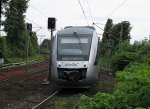 VT 11 002-1 von Abellio am 17. Juni 2010 mit neuer Beschriftung (Emblem) unterwegs als Glckauf-Bahn in Bochum-Hamme.