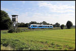 VT 115 der Bentheimer Eisenbahn ist hier am 3.9.2019 um 10.25 Uhr von Bad Bentheim nach Neuenhaus unterwegs und befindet sich hier ca. zwei Kilometer vor Nordhorn.