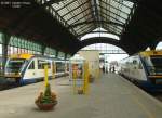 Zwei Triebzge der Lausitzbahn am 12.07.2003 im Bahnhof Grlitz, nach Cottbus und nach Zittau.