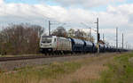 187 506 der CTL führte am 11.04.19 einen Schwenkdachwagenzug durch Braschwitz Richtung Halle(S).