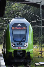 Der Elektrotriebzug 445 027 ist hier im Juni 2024 bei der Ankunft am Bahnhof Flensburg zu sehen.