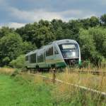 14.8.2013 13:35 VT 09 der Vogtlandbahn aus Weischlitz nach Gera kurz nach dem Haltepunkt Krbitz.