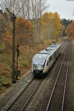 VT20 der Vogtlandbahn als VBG 74262 (Regensburg-Marktredwitz) beim ESig Reuth b. Erbendorf, 09.11.2014