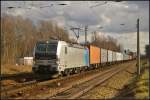 EVB 193 804 kommt am 22.02.2014 mit dem Container-Zug wieder durch Leipzig-Thekla