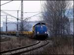 212 272-9 von -EGP- verlsst mit einem Schienenzug den Stralsunder Rgendamm in Richtung Neustrelitz.   am 10.02.09 