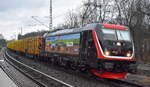 Erfurter Bahnservice GmbH, Erfurt [D] mit ihrer  187 420-5  [NVR-Nummer: 91 80 6187 420-5 D-EBS] und einem Stammholz-Transportzug am 04.01.23 Berlin Buch.
