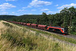 Ein sehr fotogener Getreidezug überraschte mich am Nachmittag des 06. Juli 2023 bei Bernhards im osthessischen Haunetal. Gezogen wurde die Leistung von der im neuen Design der Erfurter Bahnservice GmbH gehaltenen 155 046. Diese Farbgebung steht dem Energiecontainer im Gegensatz zur komplett schwarzen Variante in meinen Augen ganz vorzüglich. Die Lok arbeitet im 46. Betriebsjahr und ist nach DR, DB Cargo und MEG nun beim vierten Eigner und hat zum fünften Male die Lackierung gewechselt.  