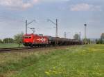 Die 185 603 am 24.04.2011 mit einem Kesselwagenzug unterwegs bei Baiersdorf. 