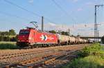 Am 24.Juli 2013 durchfuhr RHC/HGK 185 584 mit Kesselwagen den Bahnhof Mllheim(Baden) in Richtung Offenburg.